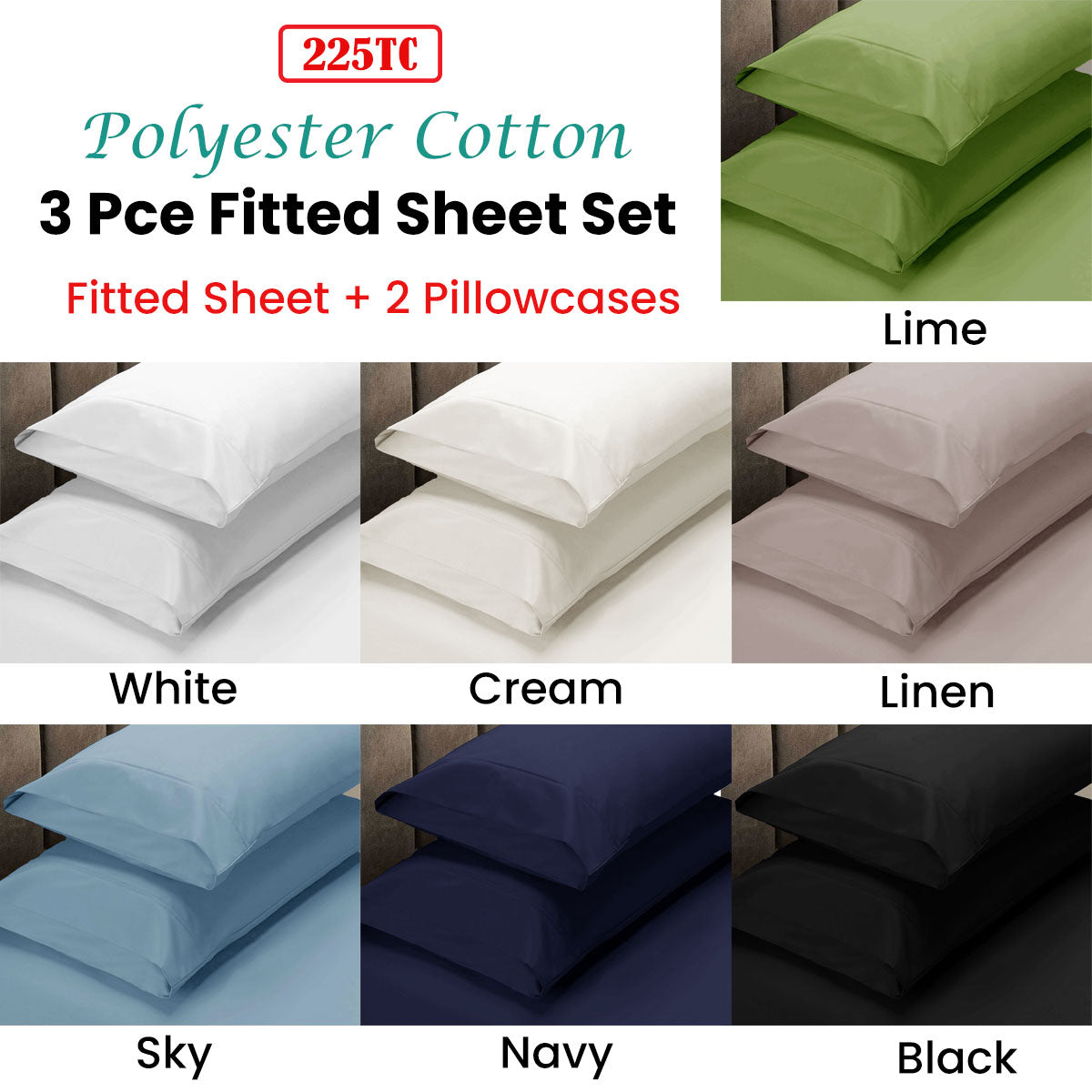 225TC Fitted Sheet Set King Cream plus 2 Pillowcases