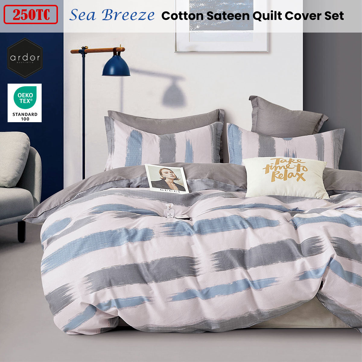 250TC Sea Breeze Cotton Sateen Quilt Cover Set Queen