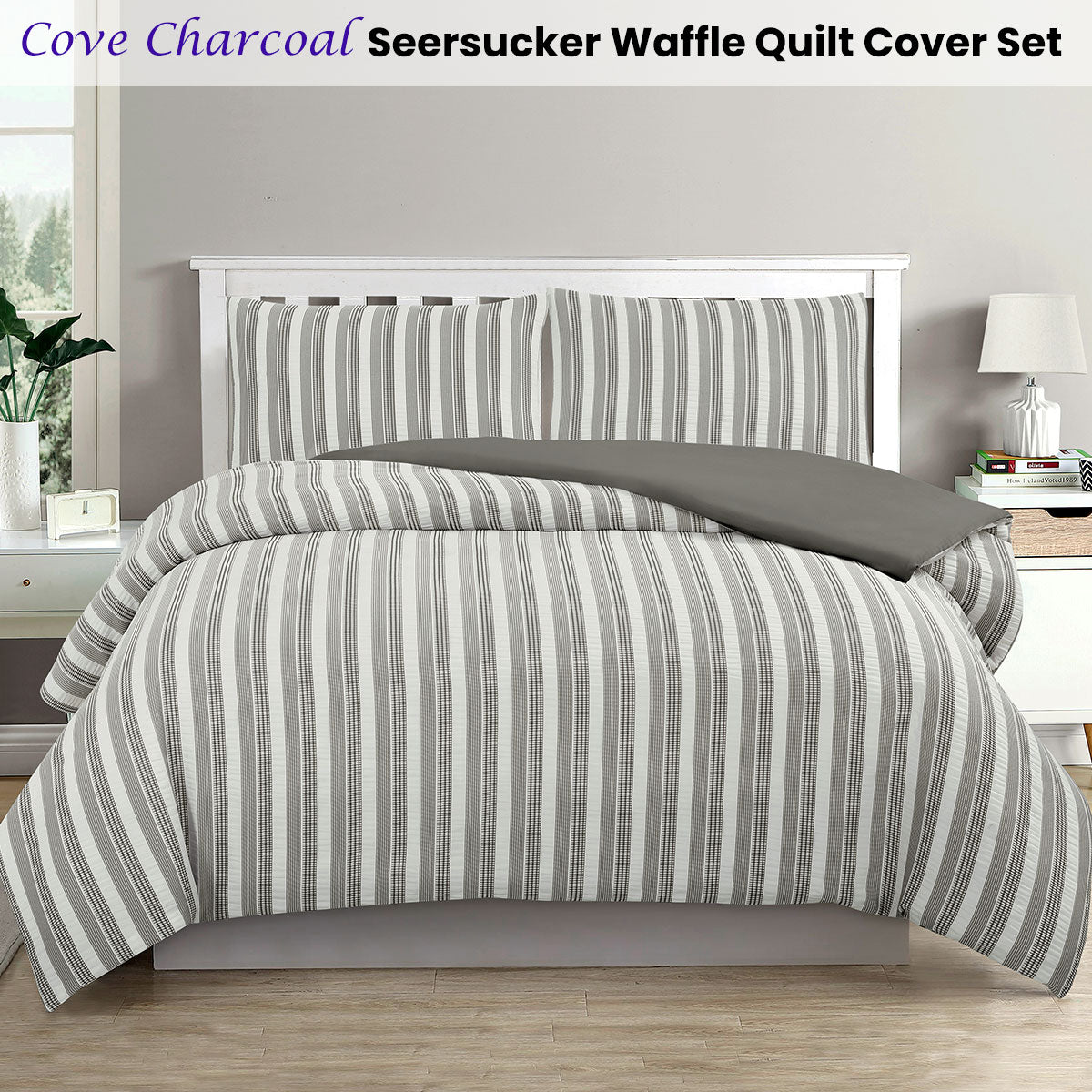 Cove Charcoal Seersucker Waffle Quilt Cover Set Queen