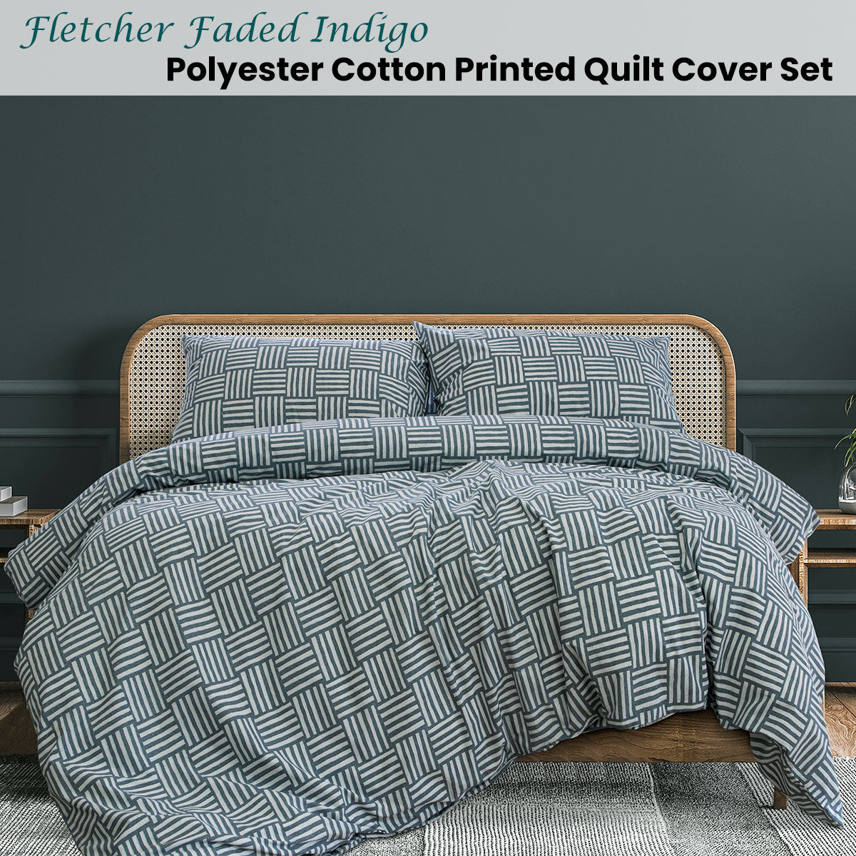 Fletcher Faded Indigo Printed Quilt Cover Set Queen