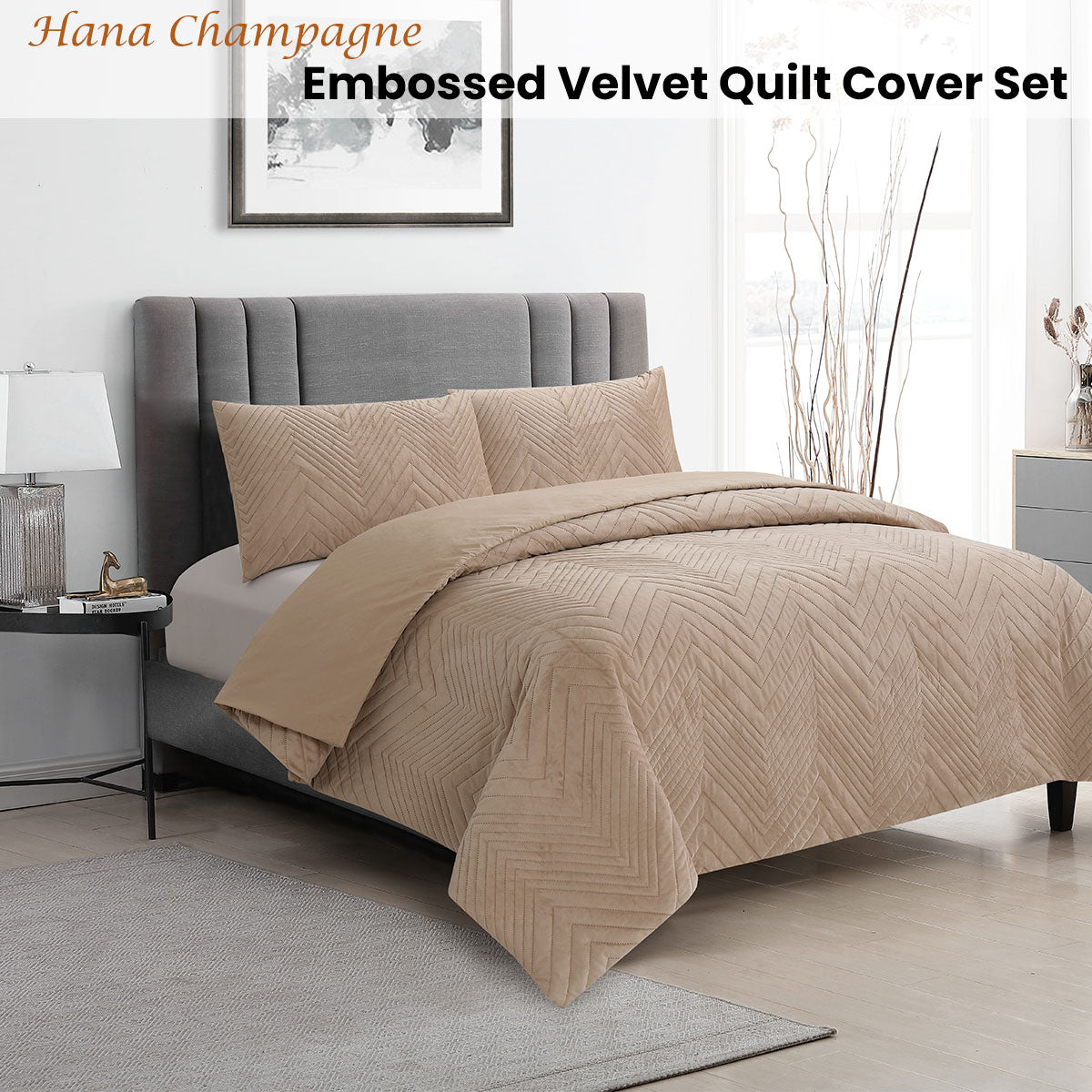Hana Champagne Embossed Velvet Quilt Cover Set Queen