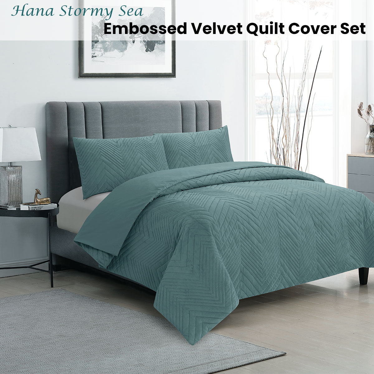 Hana Stormy Sea Embossed Velvet Quilt Cover Set Queen