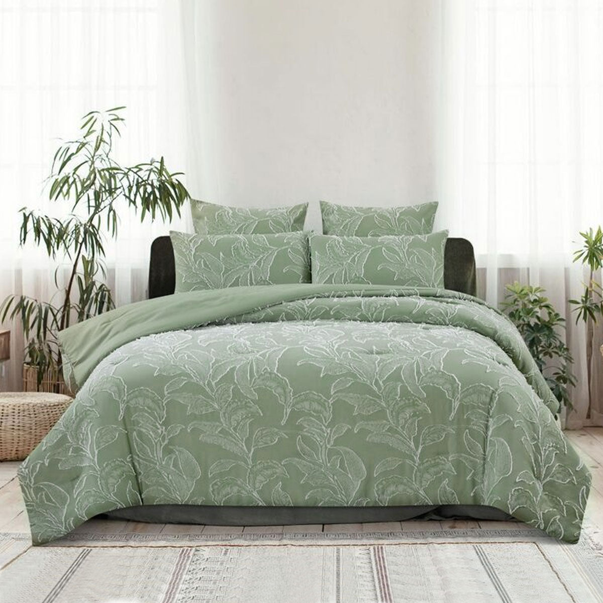 Kiah Pale Olive Textured Clipped Jacquard Quilt Cover Set Queen