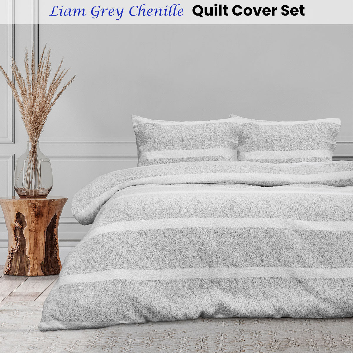 Liam Chenille Textured Grey Quilt Cover Set Queen