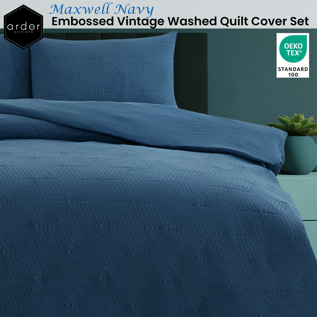 Maxwell Navy Embossed Vintage Washed Quilt Cover Set Queen