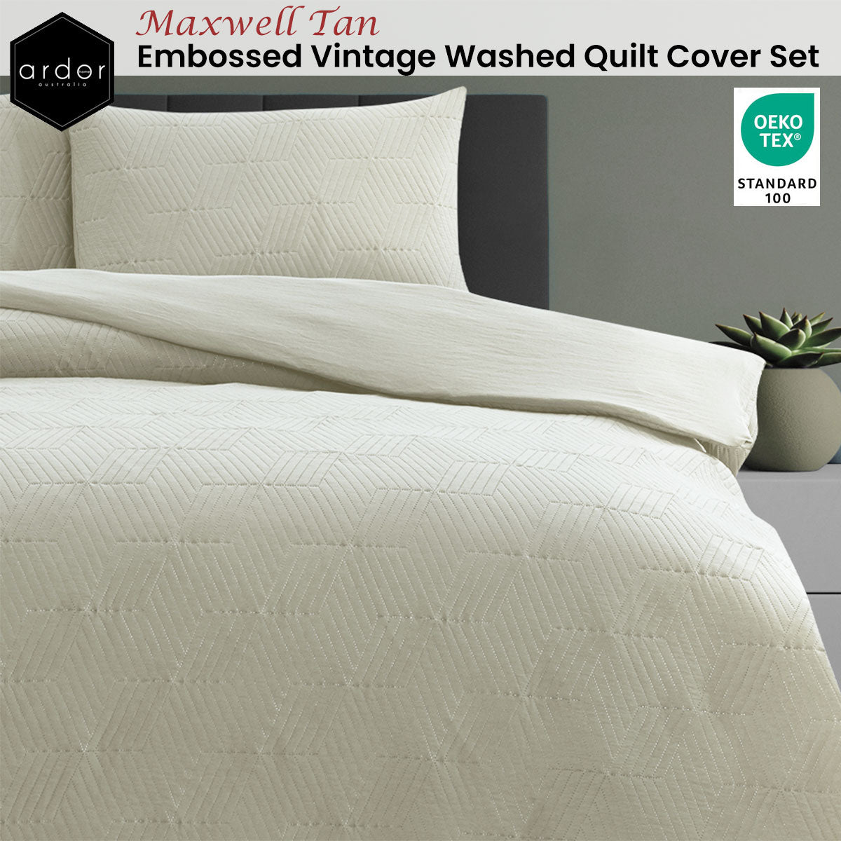 Maxwell Tan Embossed Vintage Washed Quilt Cover Set Queen