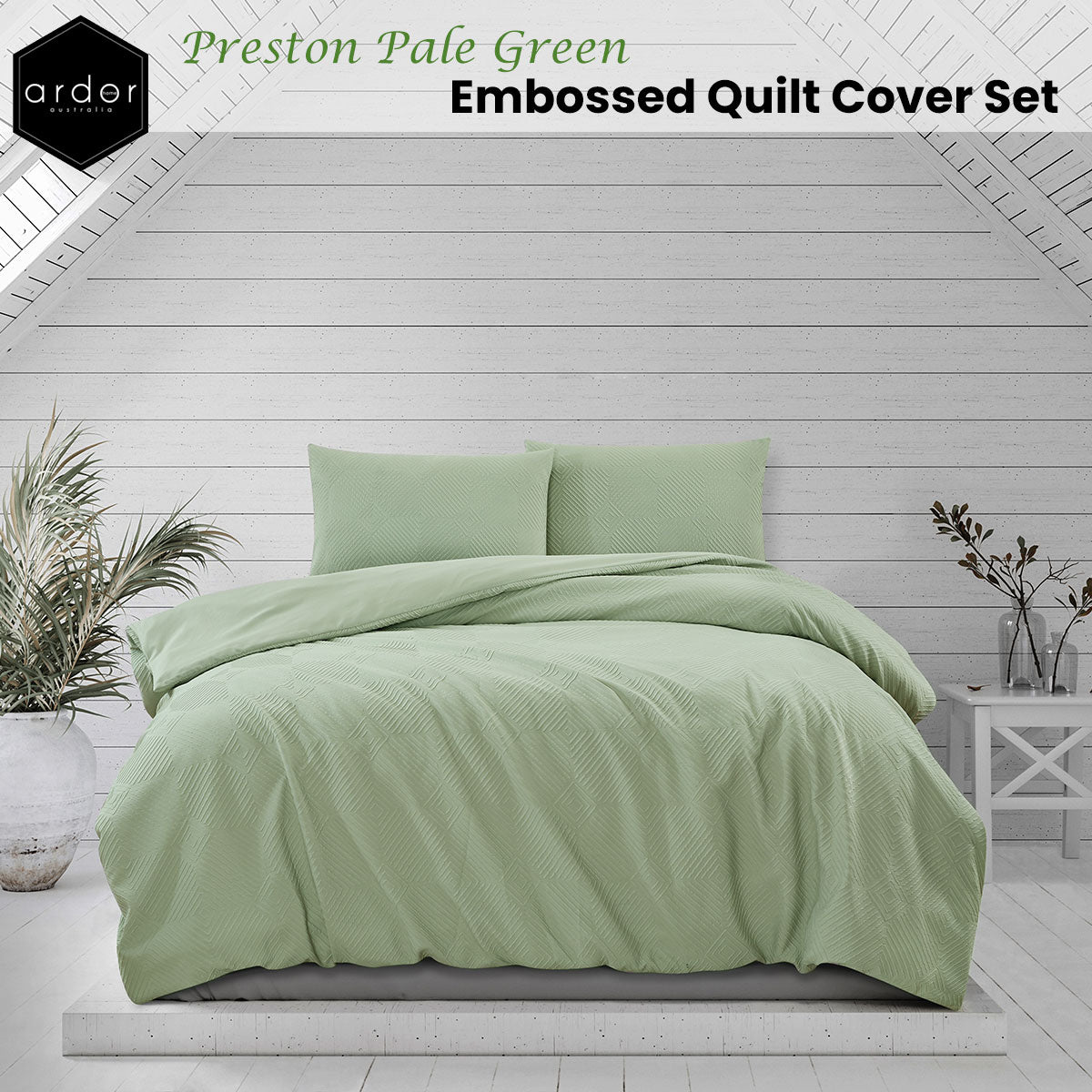 Preston Pale Green Embossed Quilt Cover Set Queen