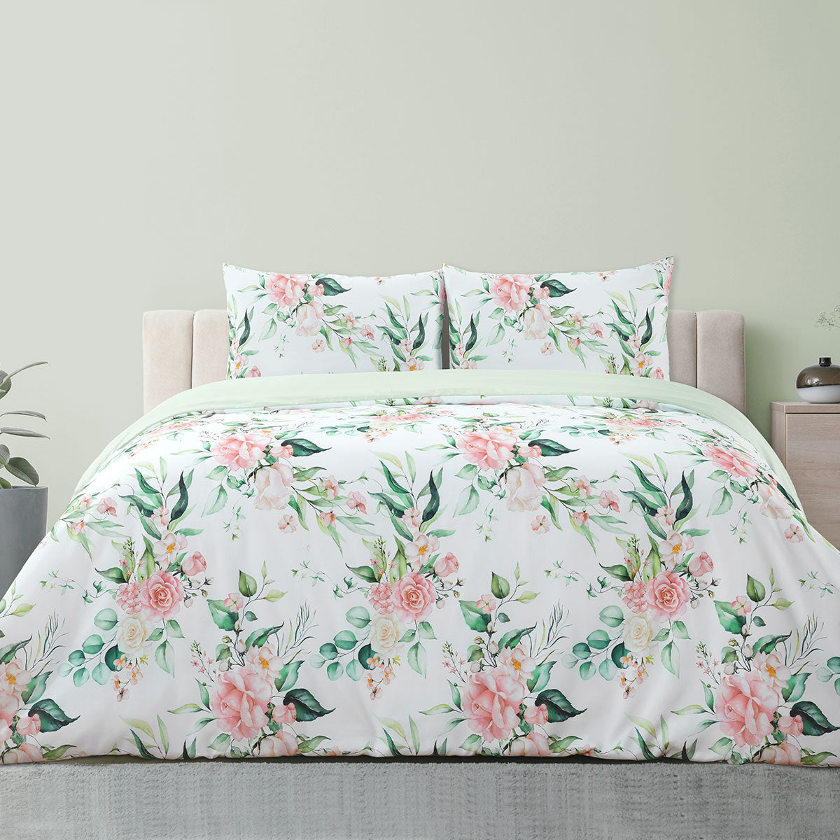 Rose Whisper Soft Sage Printed Floral Quilt Cover Set King