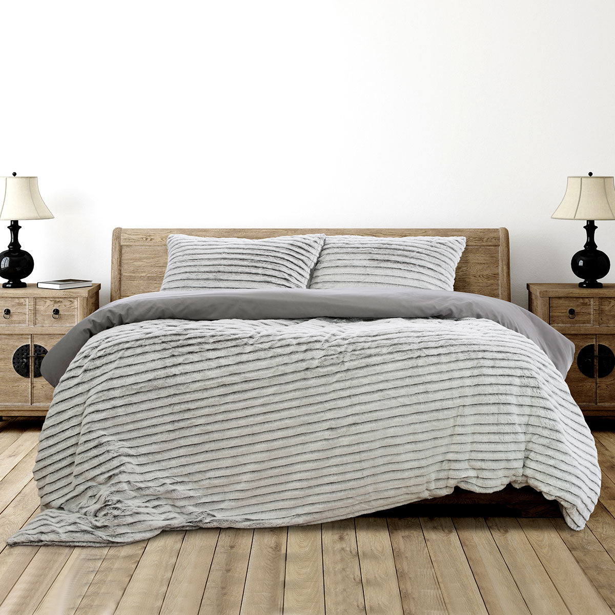 Striped Faux Fur Grey Super Soft Quilt Cover Set King