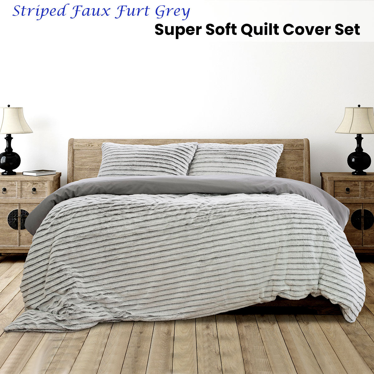 Striped Faux Fur Grey Super Soft Quilt Cover Set Queen