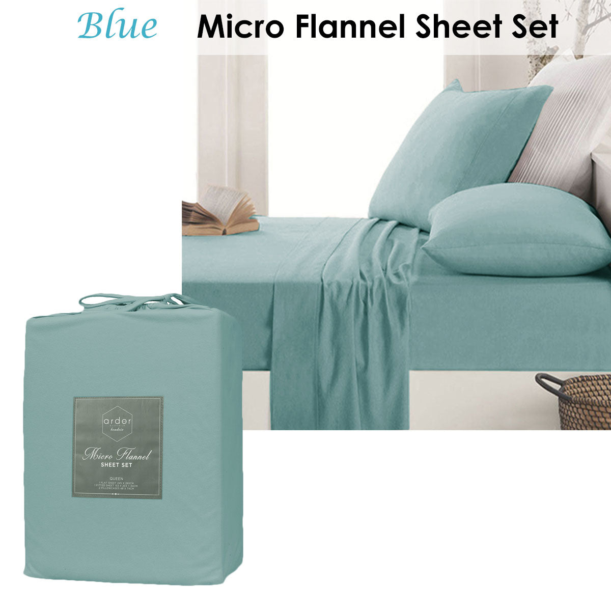 Micro Flannel Sheet Set Blue Mega Queen