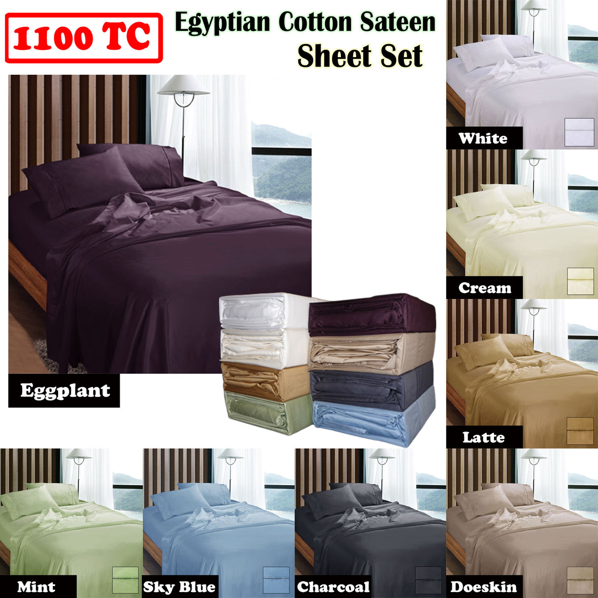 1100TC Egyptian Cotton Sateen Sheet Set Charcoal Queen