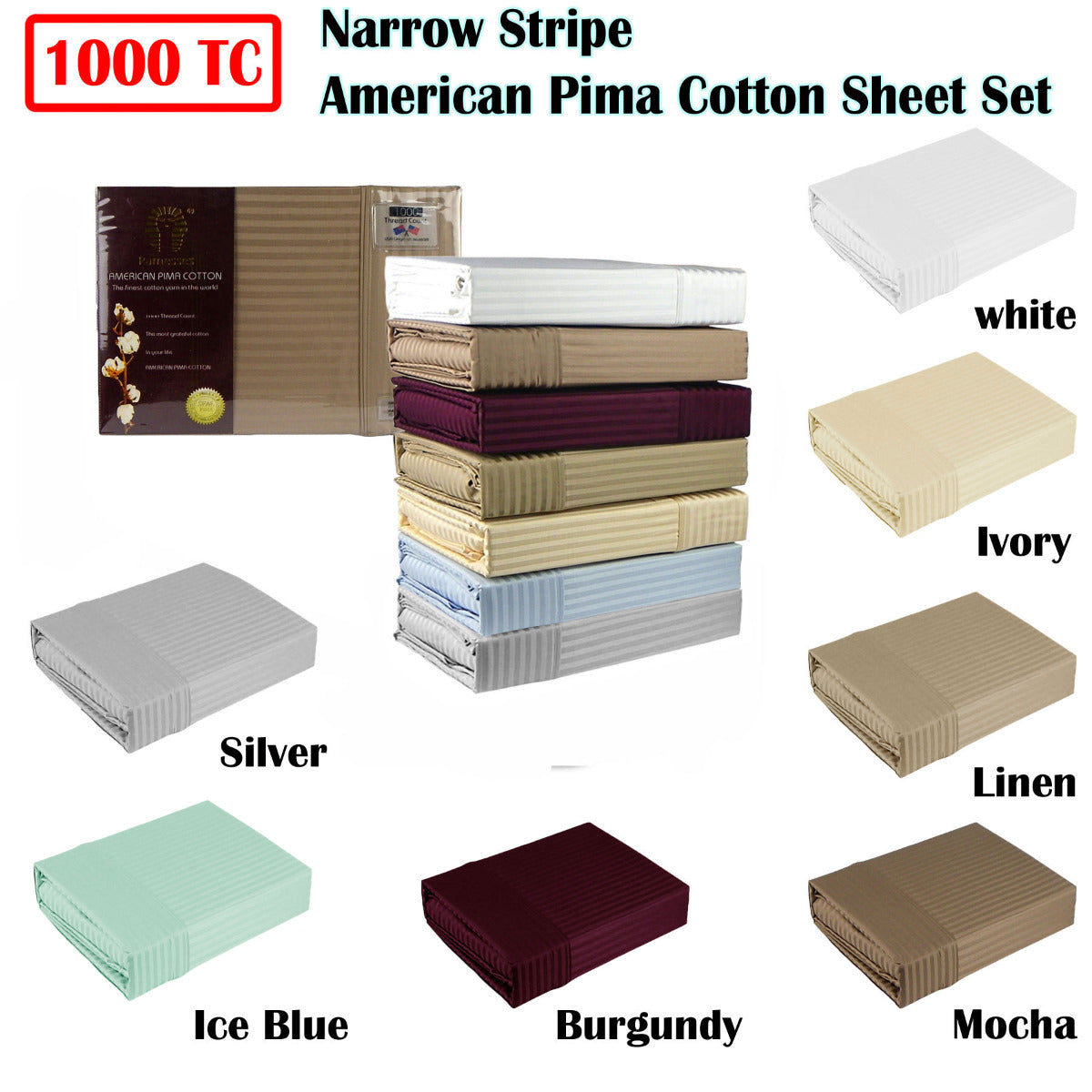 1000TC American Pima Cotton Narrow Stripe Sheet Set White Queen