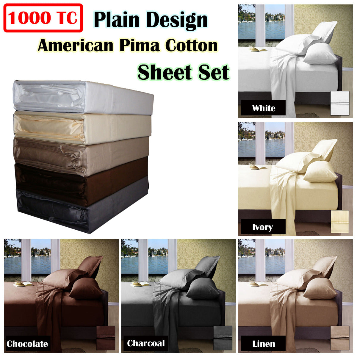 1000TC American Pima Cotton Plain Design Sheet Set Ivory Queen