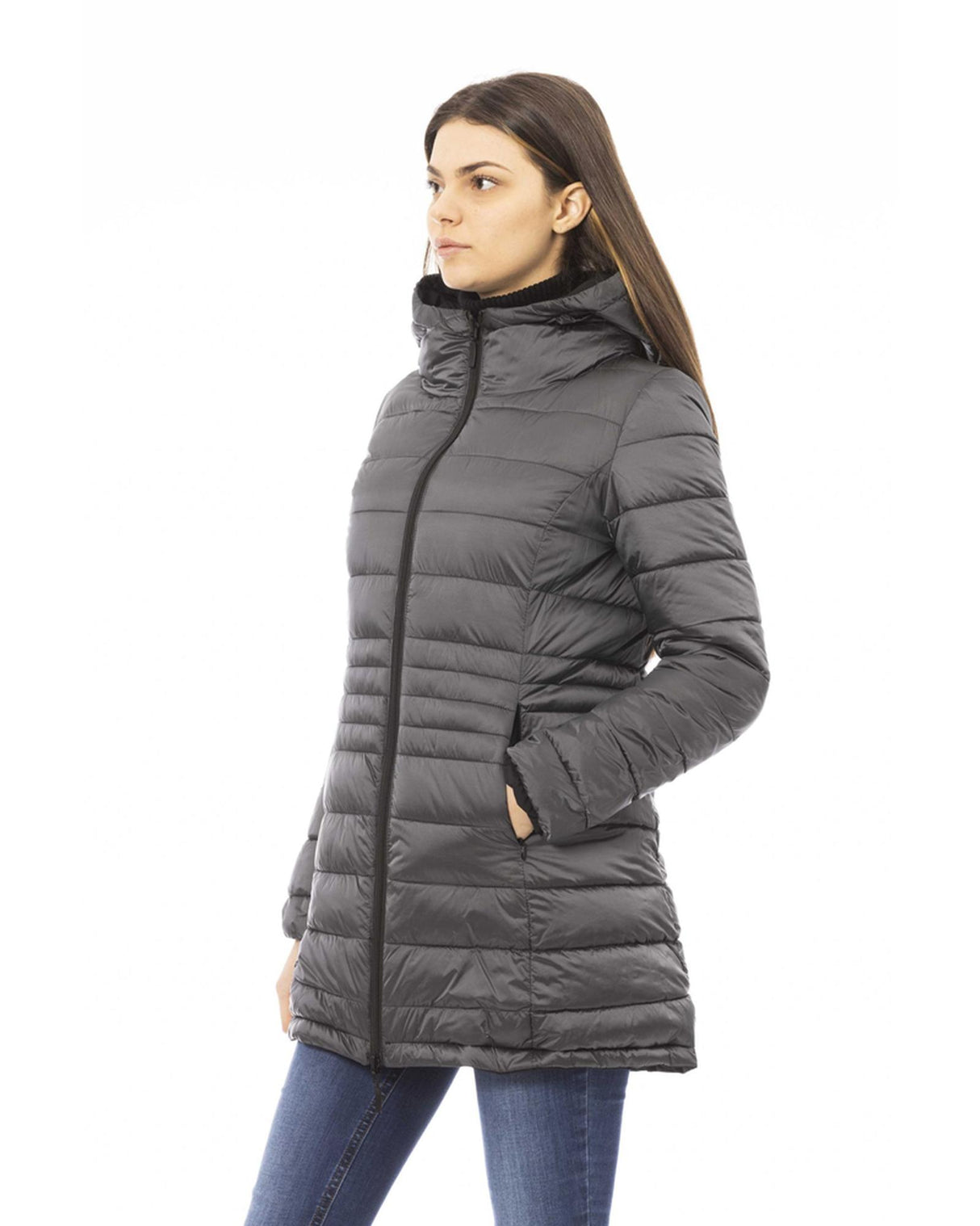 Black Down Jacket with Adjustable Hood and Baldinini Monograms XL Women