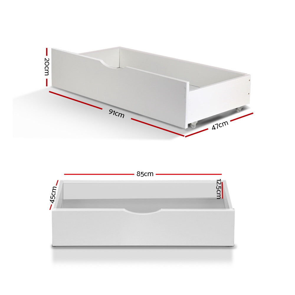 Set of 2 Bed Frame Storage Drawers Timber Trundle for Wooden Bed Frame Base White