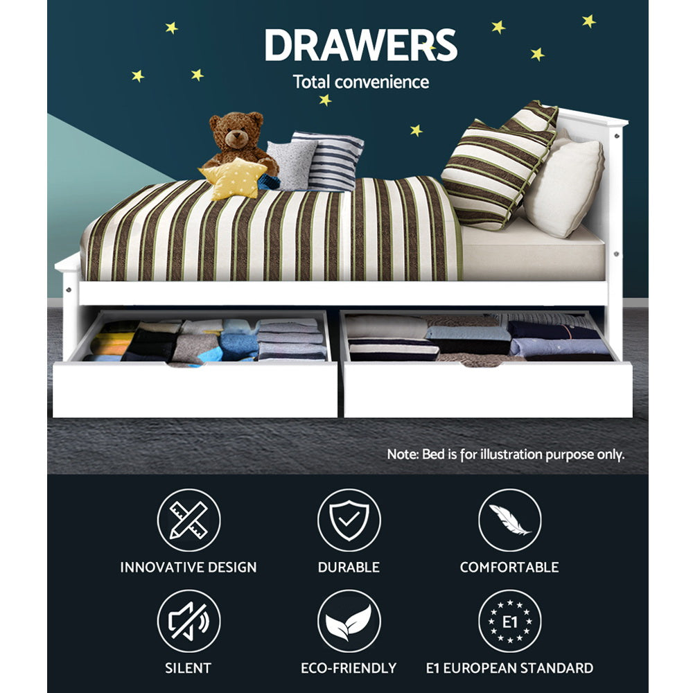 Set of 2 Bed Frame Storage Drawers Timber Trundle for Wooden Bed Frame Base White