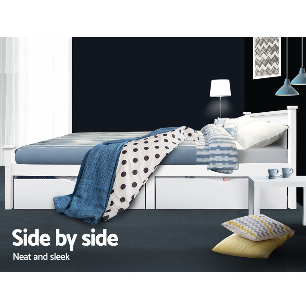 Set of 2 Bed Frame Storage Drawers Timber Trundle for Wooden Bed Frame Base White