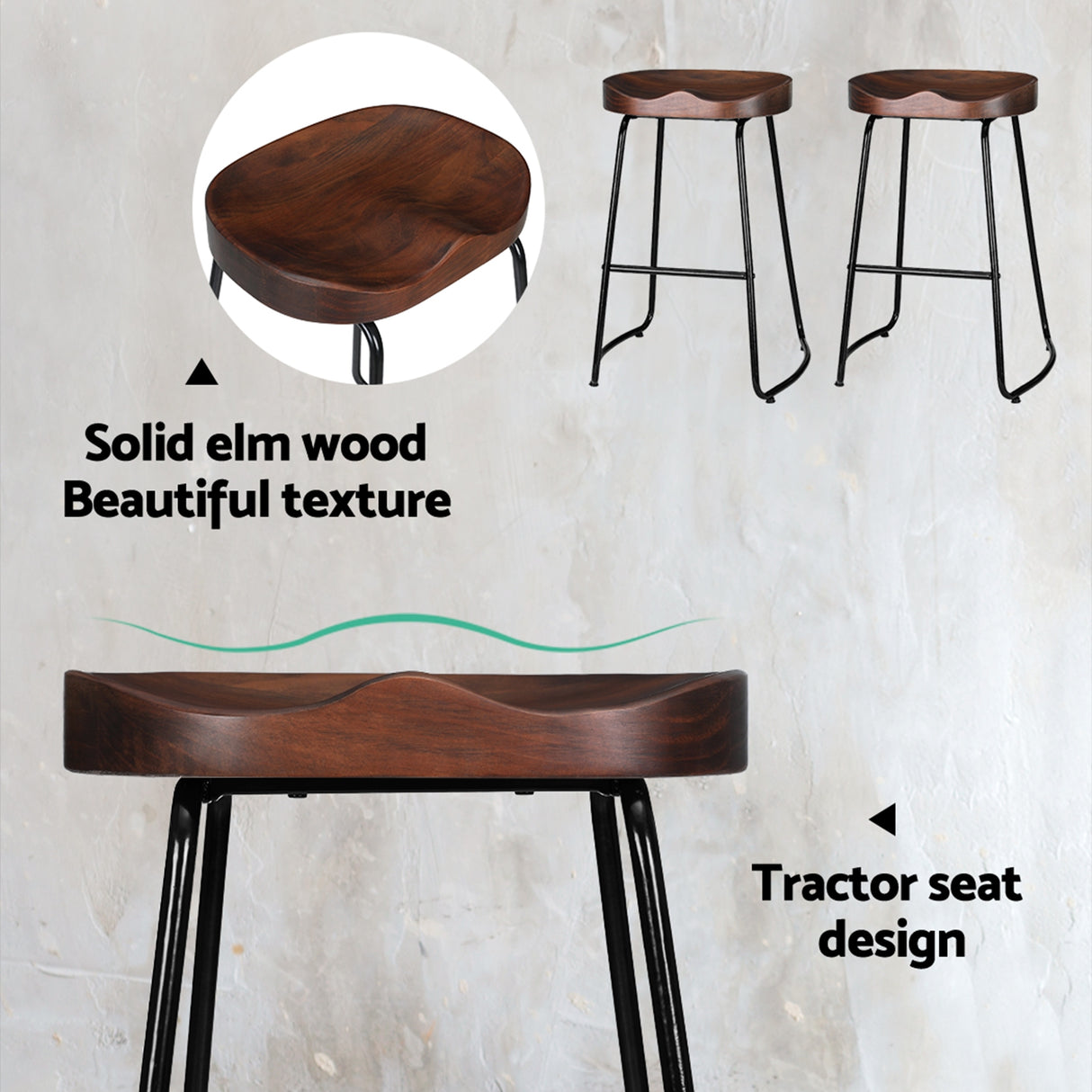2x Bar Stools Tractor Seat 65cm Black