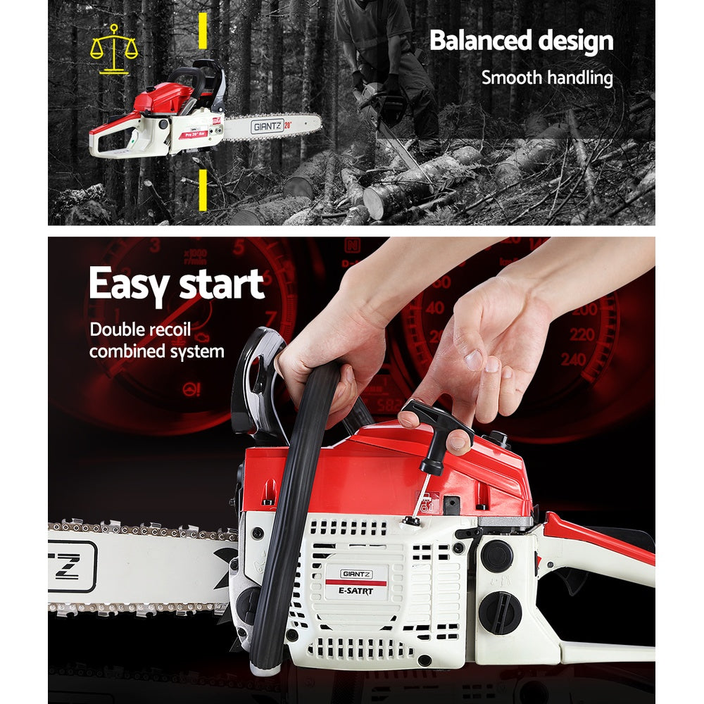 Chainsaw Petrol 52CC 20" Bar Commercial E-Start Pruning Chain Saw White, Chainsaw Petrol 52CC 20" Bar Commercial E-Start Pruning Chain Saw White