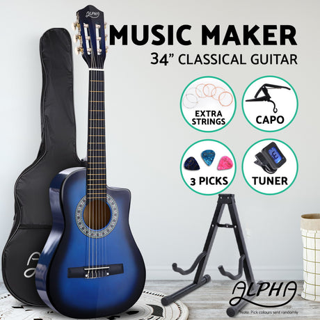34 Inch Classical Guitar Wooden Body Nylon String w/ Stand Beignner Blue