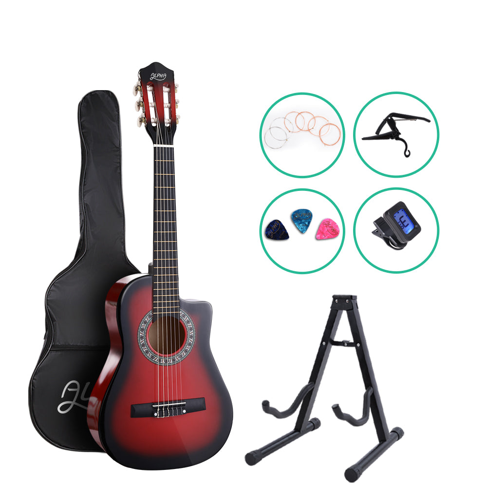 34 Inch Classical Guitar Wooden Body Nylon String w/ Stand Beignner Red