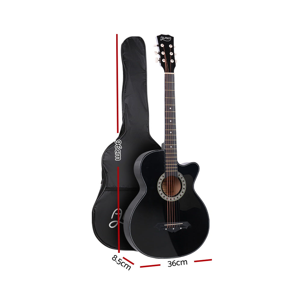 38 Inch Acoustic Guitar Wooden Body Steel String Full Size w/ Stand Black