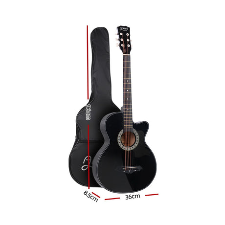 38 Inch Acoustic Guitar Wooden Body Steel String Full Size w/ Stand Black
