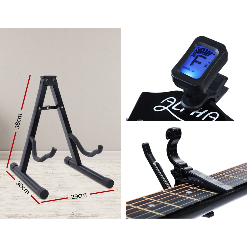 38 Inch Acoustic Guitar Wooden Body Steel String Full Size w/ Stand Black