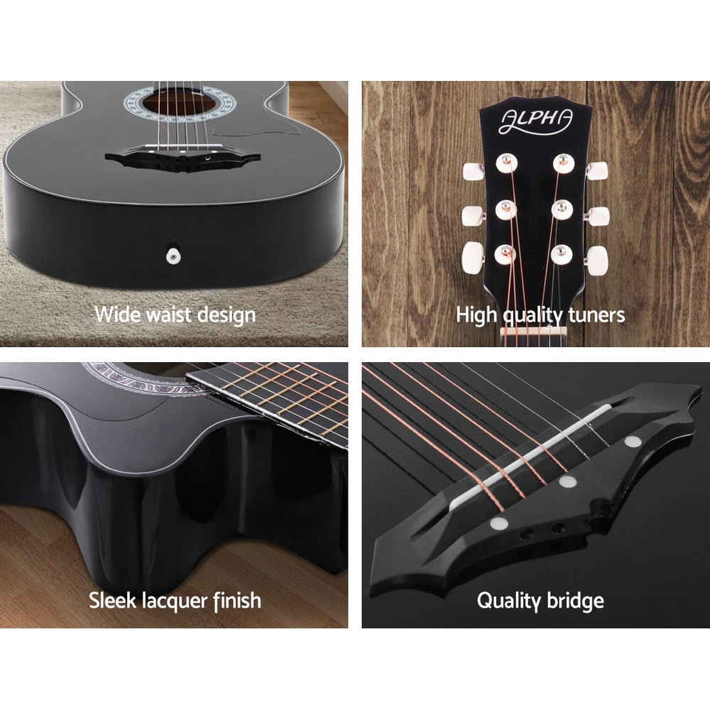 38 Inch Acoustic Guitar Wooden Body Steel String Full Size w/ Stand Black