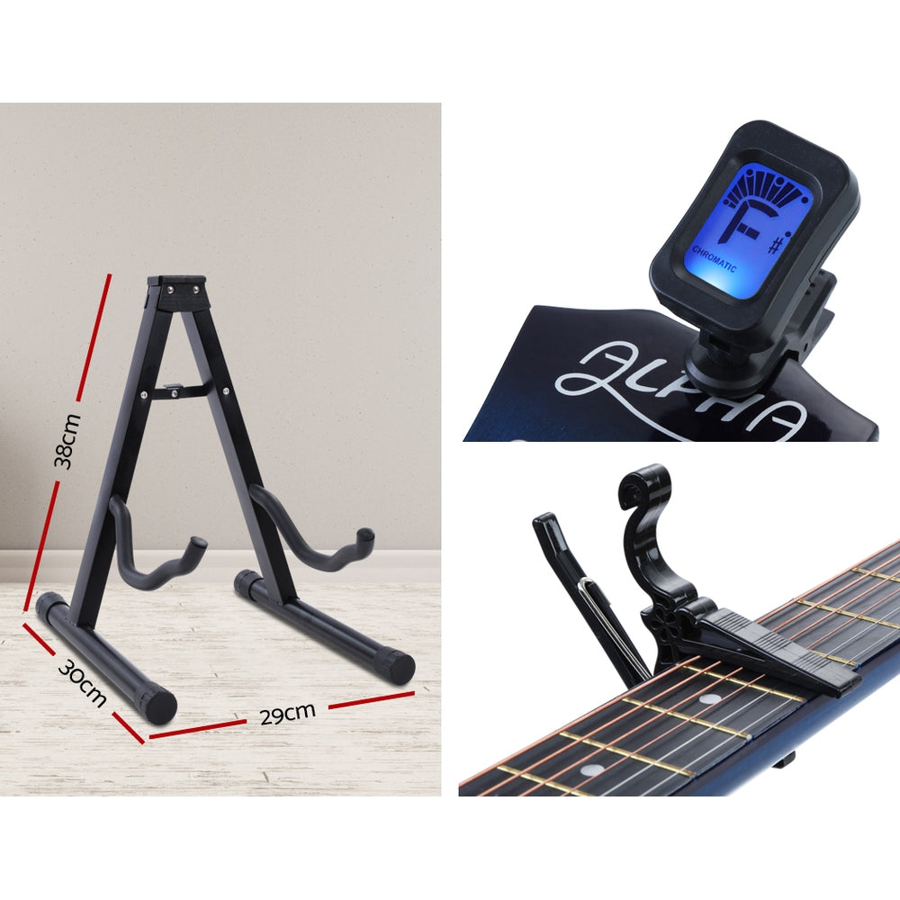 38 Inch Acoustic Guitar Wooden Body Steel String Full Size w/ Stand Blue