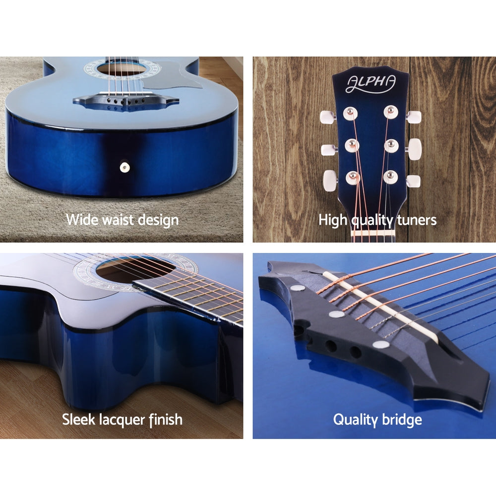 38 Inch Acoustic Guitar Wooden Body Steel String Full Size w/ Stand Blue