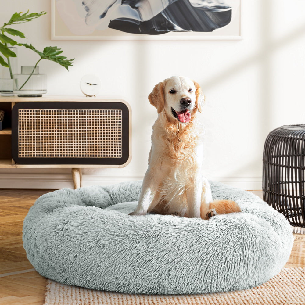 Pet Bed Dog Cat 90cm Large Calming Soft Plush Light Grey