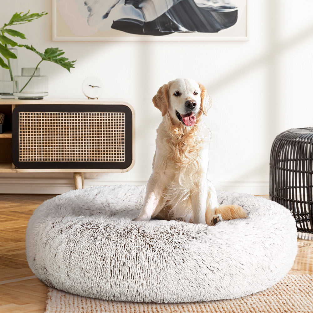 Pet Bed Dog Cat 90cm Large Calming Soft Plush White Brown