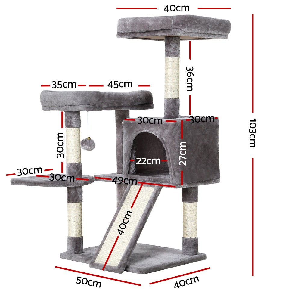 Cat Tree 103cm Tower Scratching Post Scratcher Wood Condo House Trees Grey