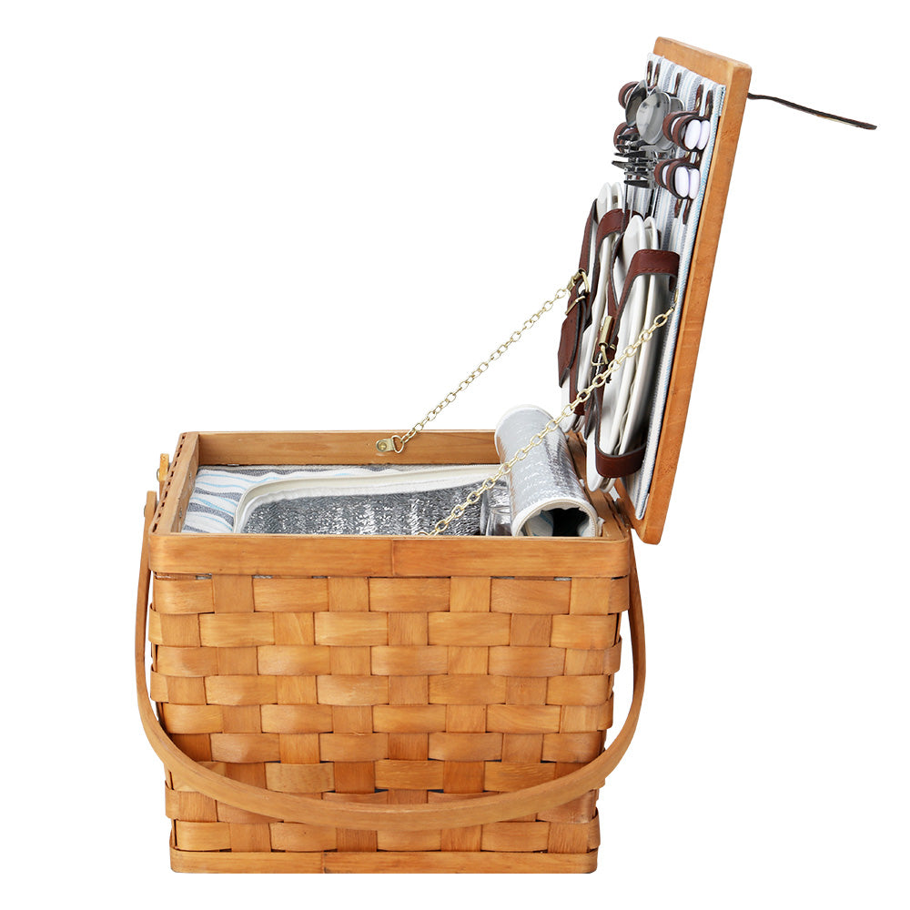 4 Person Picnic Basket Set Wooden Blanket Bag Insulated