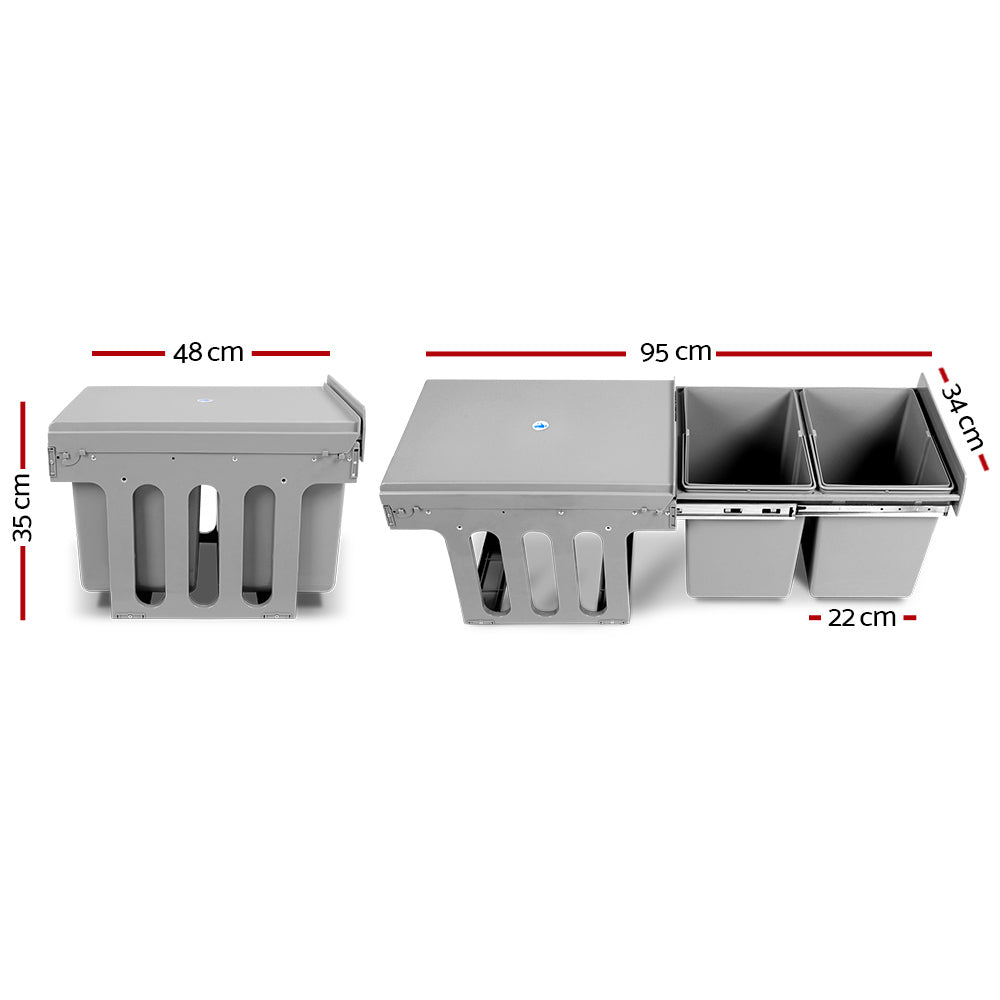 Pull Out Bin Kitchen Double Basket 2X15L Grey