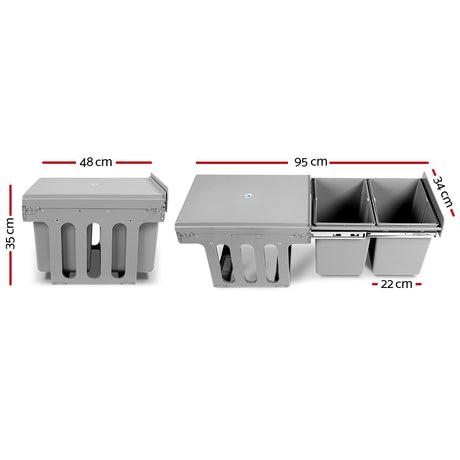 Pull Out Bin Kitchen Double Basket 2X15L Grey