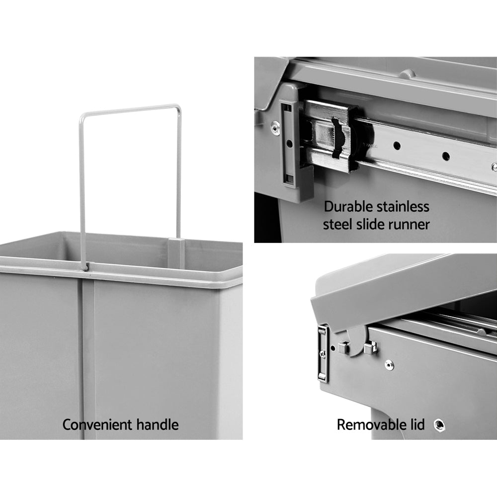 Pull Out Bin Kitchen Double Basket 2X15L Grey