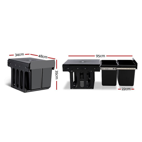 Pull Out Bin Kitchen Double Basket 2X15L Black