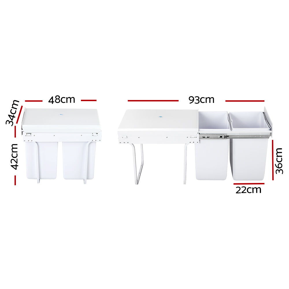 Pull Out Bin Kitchen Double Basket 2X20L White