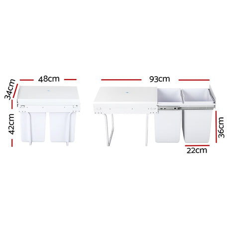 Pull Out Bin Kitchen Double Basket 2X20L White