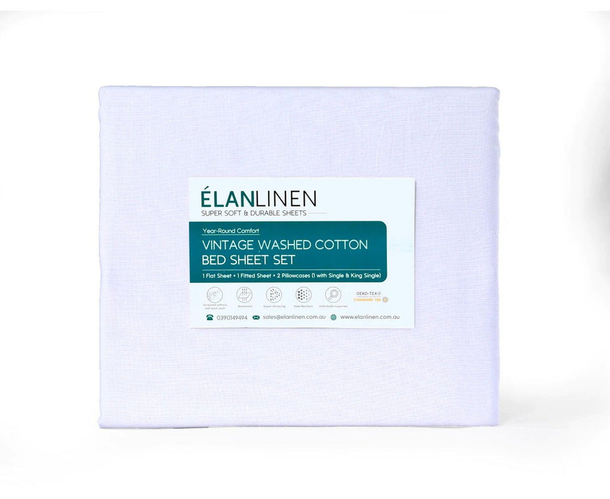 100% Egyptian Cotton Vintage Washed 500TC White King Bed Sheets Set