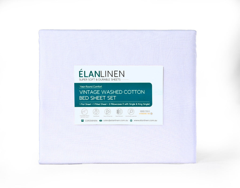 100% Egyptian Cotton Vintage Washed 500TC White King Single Bed Sheets Set