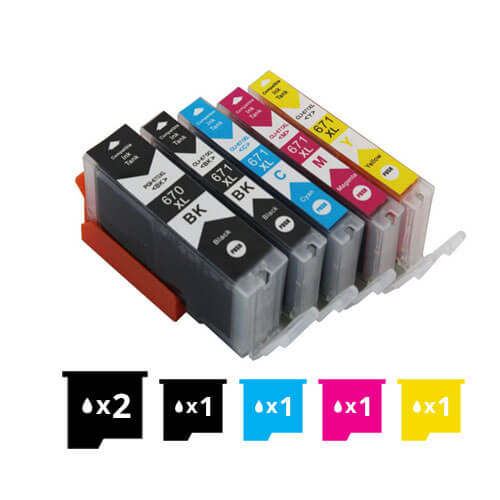 Compatible Premium 6 Pack PGI-670XL, CLI-671XL Inkjet Combo [2BK,1PBK,1C,1M,1Y] - for use in  Printers