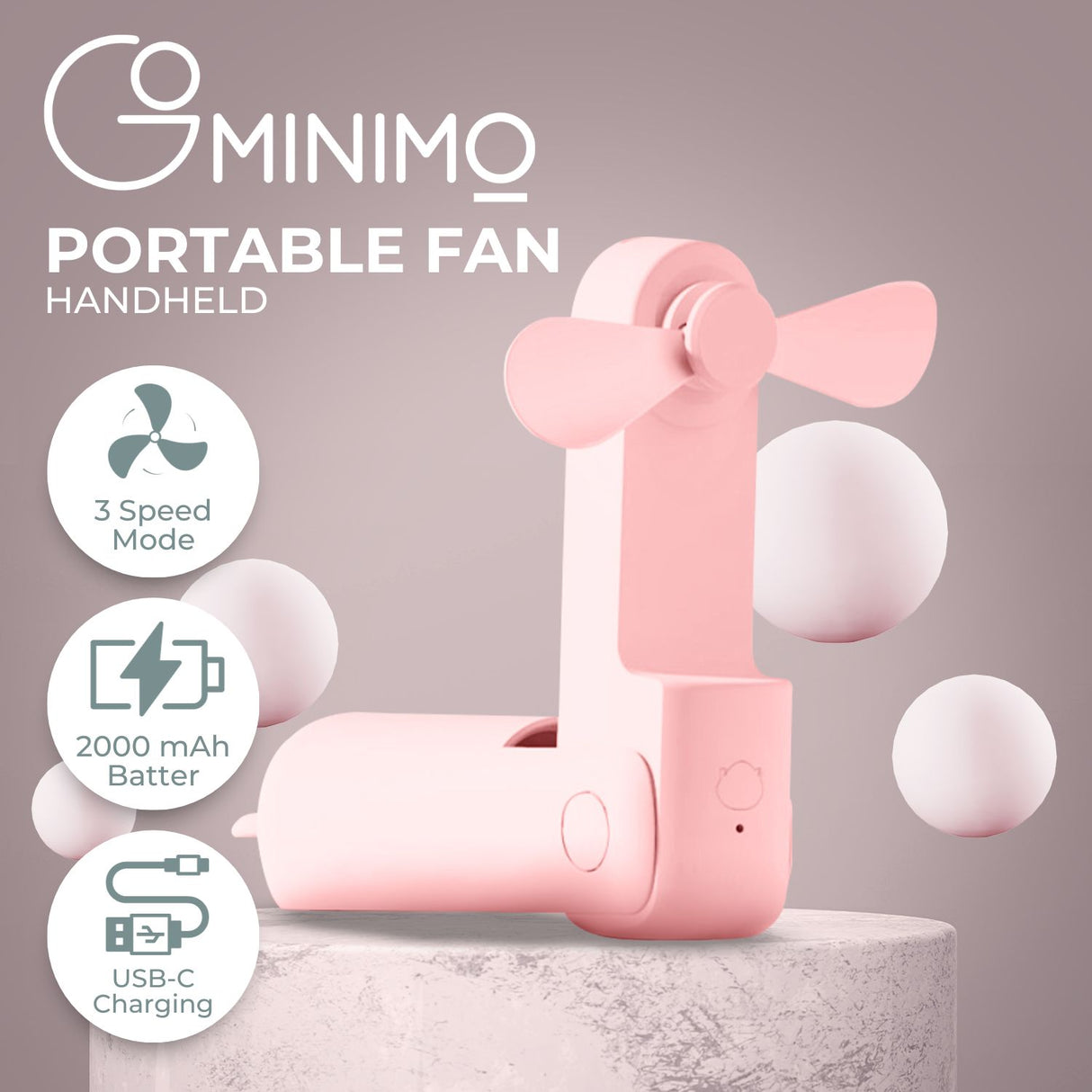 USB Rechargeable Portable Handheld Fan with 3 Speed(Pink) GO-HF-101-XHT