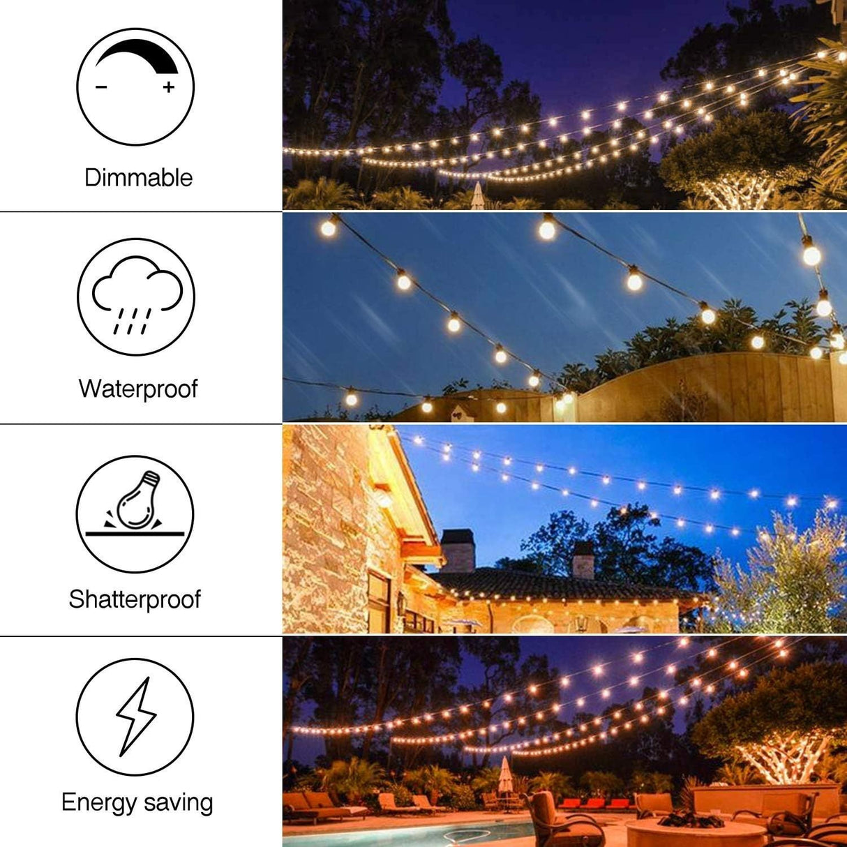 53FT 15+1 Bulbs LED Outdoor String Lights Garden Party Decoration