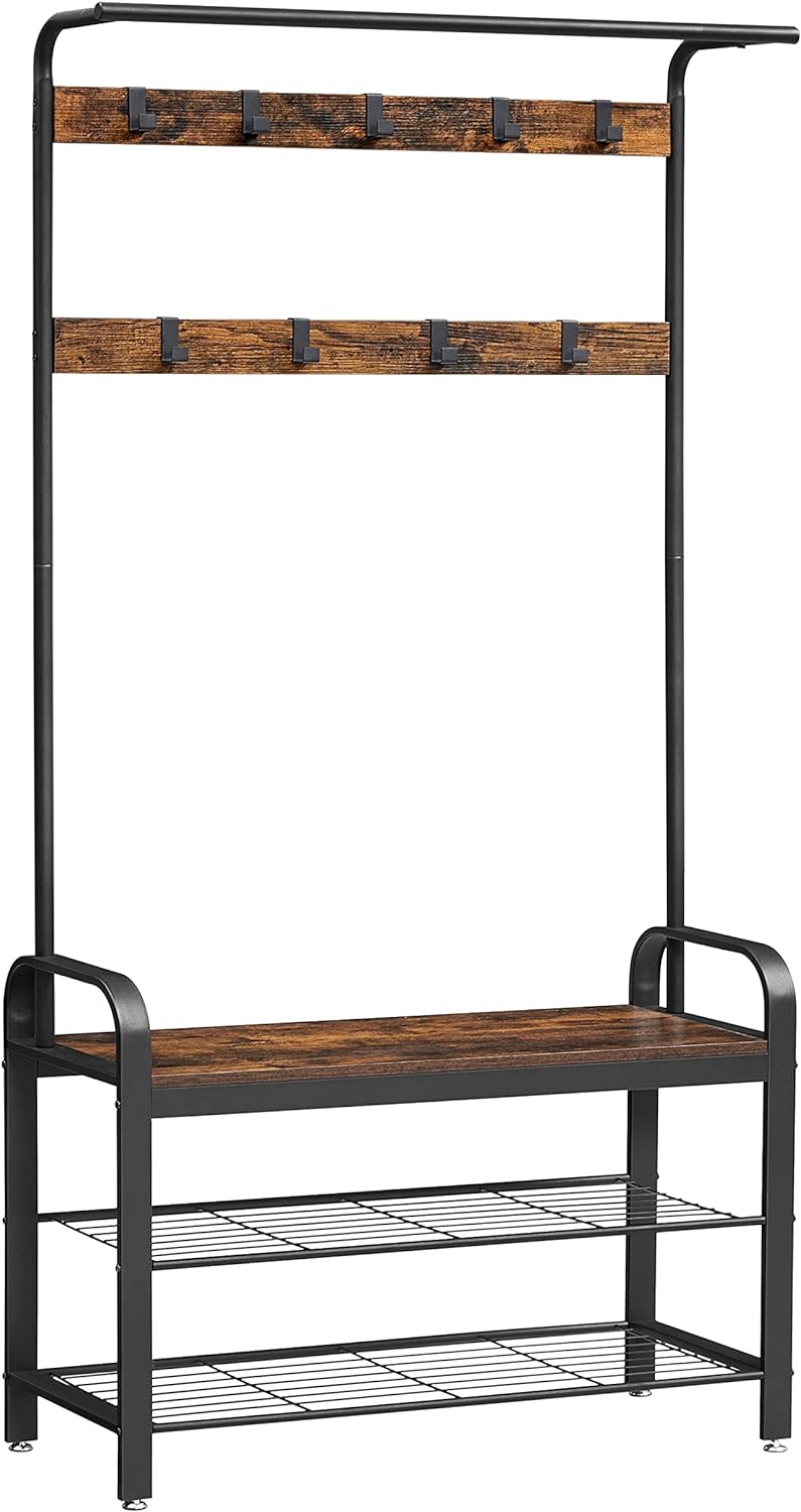 4-in-1 Coat Rack with Shoe Bench and 9 Removable Hooks Rustic Brown and Black HSR400B01V1