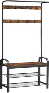 4-in-1 Coat Rack with Shoe Bench and 9 Removable Hooks Rustic Brown and Black HSR400B01V1