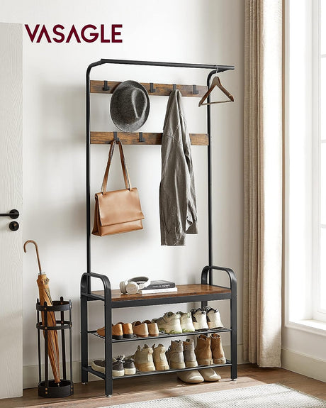 4-in-1 Coat Rack with Shoe Bench and 9 Removable Hooks Rustic Brown and Black HSR400B01V1